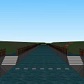 Scenic Garden Landscape with Water Channel Wooden Railings and Pink Flowering Trees