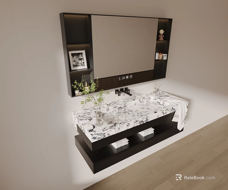 Elegant Bathroom Sink With Black Cabinet Marble Countertop Mirror Vase Flowers And Towel 3d model 