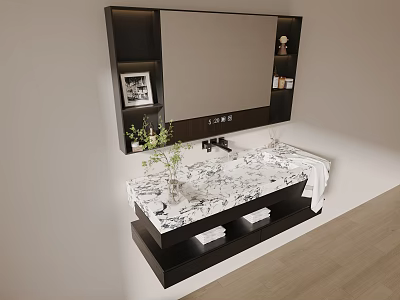 Elegant Bathroom Sink With Black Cabinet Marble Countertop Mirror Vase Flowers And Towel 3d model