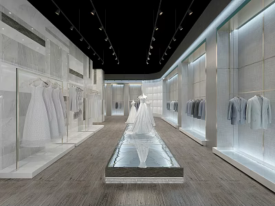 Modern Clothing Store Interior Featuring Glass Cases White Dresses Light Tops Central Platform Recessed Lighting 3d model