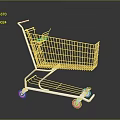 Metallic Shopping Cart With Wireframe Basket Blue Handle And Rolling Wheels Design