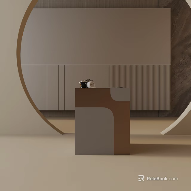 Modern Side Table With Brown And Gray Geometric Design Against Minimalist Wall With Cabinets 3d model 