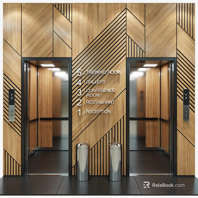 Modern Elevator Lobby With Wooden Geometric Pattern Walls Bright Lighting And Floor Indicators 3d model 