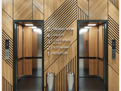 Modern Elevator Lobby With Wooden Geometric Pattern Walls Bright Lighting And Floor Indicators 3d model