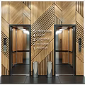 Modern Elevator Lobby With Wooden Geometric Pattern Walls Bright Lighting And Floor Indicators