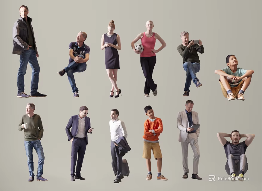 Diverse Group of People in Various Standing Sitting Poses and Different Outfits 3d model 