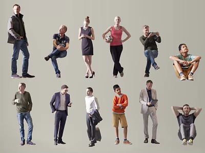Diverse Group of People in Various Standing Sitting Poses and Different Outfits 3d model
