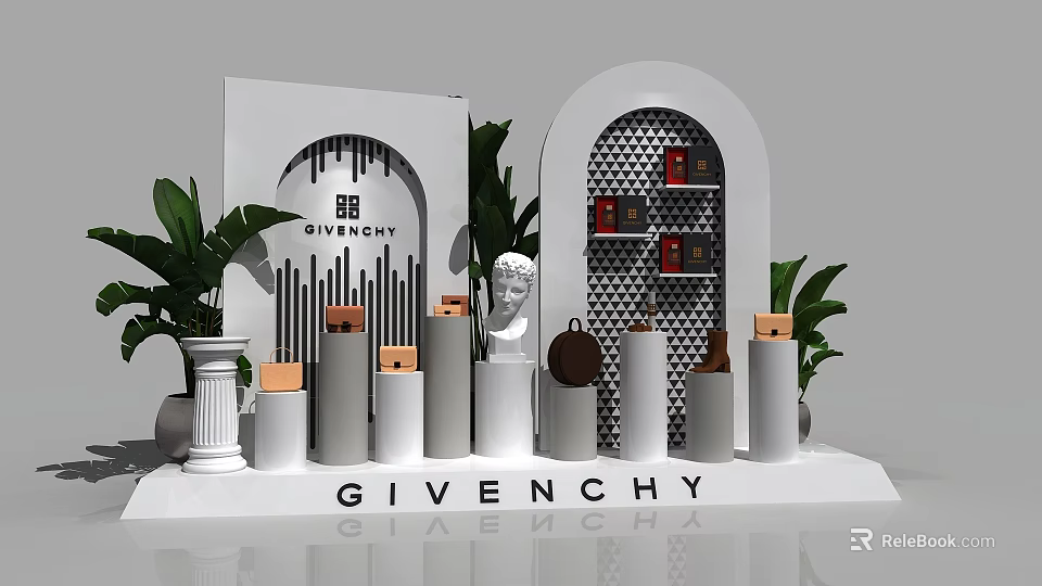 GIVENCHY Art Installation with White Arch Cylindrical Pedestals and Green Plants 3d model 