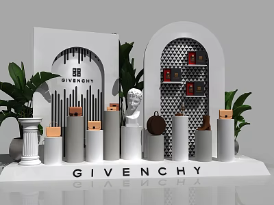 GIVENCHY Art Installation with White Arch Cylindrical Pedestals and Green Plants 3d model
