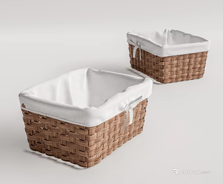 Two Wicker Storage Baskets With White Fabric Liners For Home Organization 3d model 
