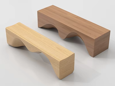 Two Wooden Stools With Wave Shaped Base In Natural Wood Tones 3d model