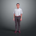 Man Standing Against Gray Background Wearing Light Blue Shirt Dark Pants Red Shoes And Glasses 3d model