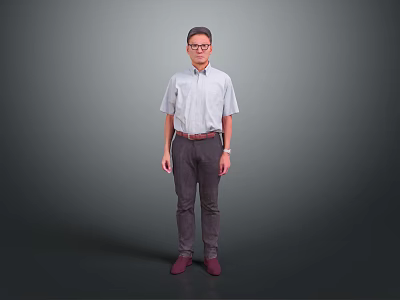 Man Standing Against Gray Background Wearing Light Blue Shirt Dark Pants Red Shoes And Glasses 3d model
