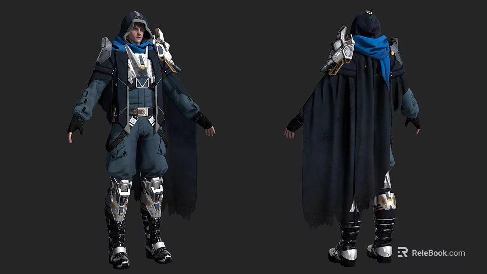 Man In Dark Outfit With Blue Scarf Black Cape And Silver Armor Character Design 3d model 