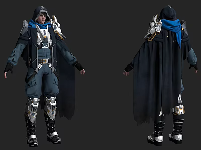 Man In Dark Outfit With Blue Scarf Black Cape And Silver Armor Character Design 3d model