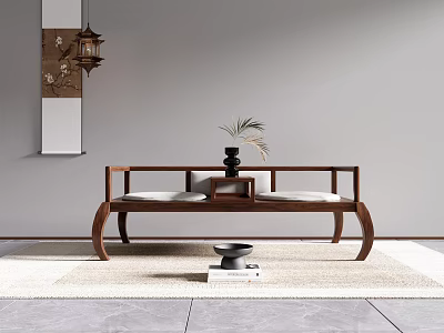 Chinese Style Two Seater Sofa With Wooden Frame Potted Plant Lantern And Rug Decor 3d model