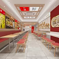 Bright Chinese Restaurant Interior With Red Walls Long Tables Red Seats And Food