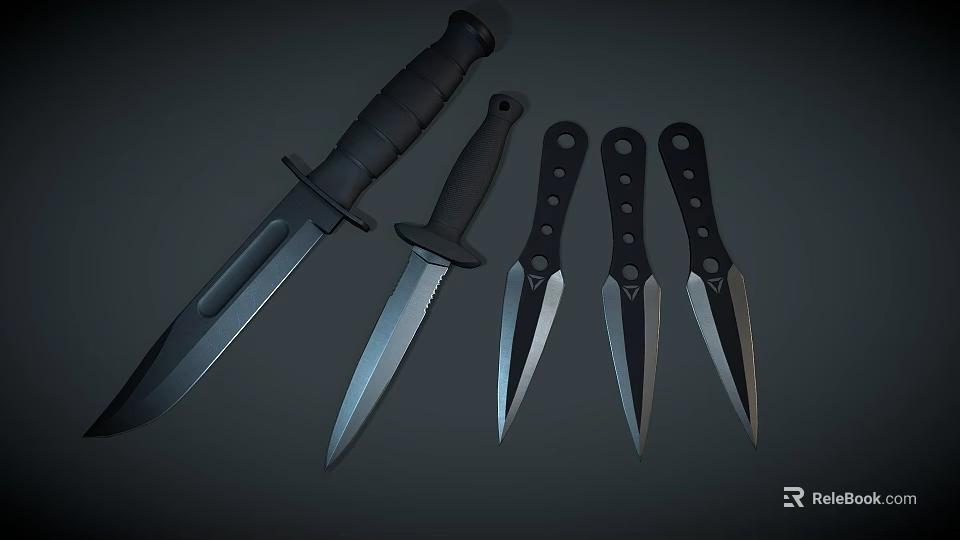 Collection of Tactical Knives with Black Handles Different Sizes and Sharp Blades 3d model 