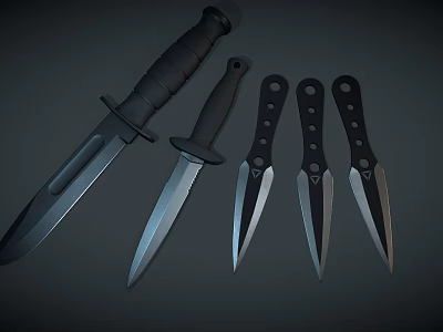 Collection of Tactical Knives with Black Handles Different Sizes and Sharp Blades 3d model