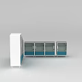 Modern White And Blue Bookcase Design With Glass Doors And Metal Frame Compartments