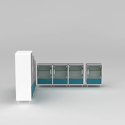 Modern White And Blue Bookcase Design With Glass Doors And Metal Frame Compartments 3d model