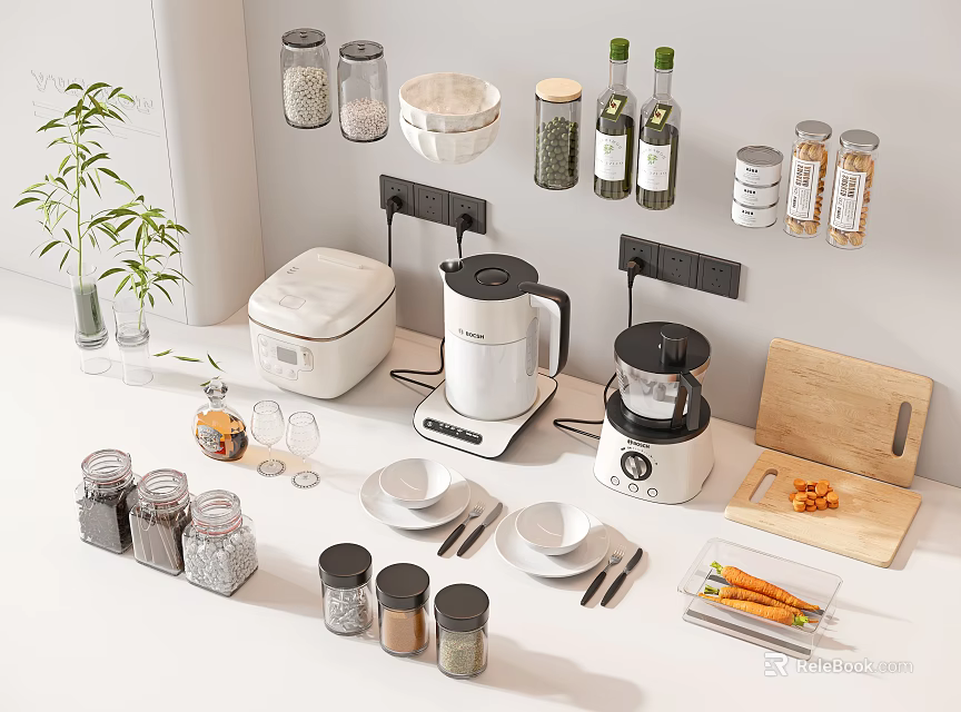 Modern Kitchen Utensils Collection with Appliances Spice Jars Bowls Plates and Cutting Board 3d model 