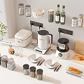 Modern Kitchen Utensils Collection with Appliances Spice Jars Bowls Plates and Cutting Board