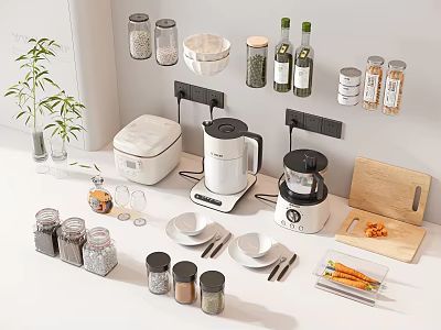 Modern Kitchen Utensils Collection with Appliances Spice Jars Bowls Plates and Cutting Board 3d model