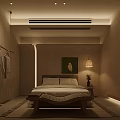 Warm Toned Hotel Guest Room With Wooden Bed Pendant Light And Decorative Painting