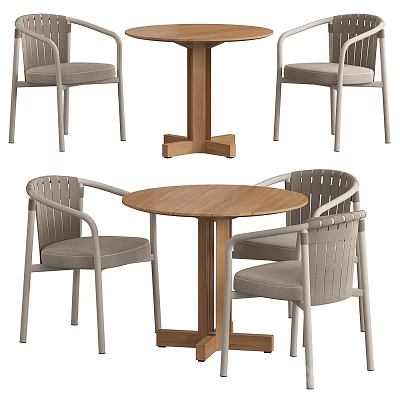 Outdoor Round Wooden Table With Gray Cushioned Armrest Patio Chairs 3d model