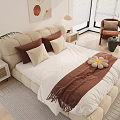 Modern Double Bed Interior With Beige Upholstered Frame Pillows Throw Blanket And Plant