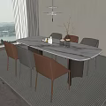 Modern Dining Table Set With Marble Top Brown Grey Chairs Hanging Lights And Window View 3d model