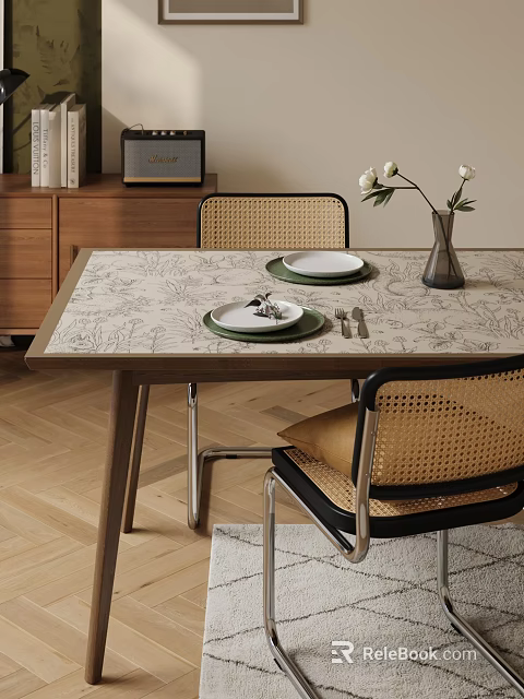 Dining Table Set With Rattan Chairs Patterned Tabletop Plates Cutlery And Vase Flowers 3d model 
