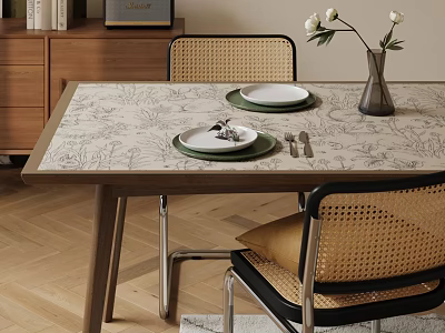 Dining Table Set With Rattan Chairs Patterned Tabletop Plates Cutlery And Vase Flowers 3d model