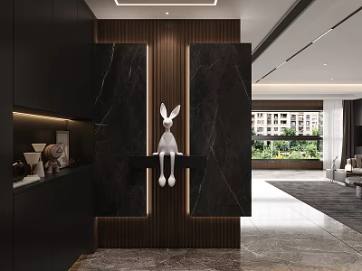 Elegant Modern Dining and Living Room Interior With Marble Wall Sculpture and Furniture 3d model