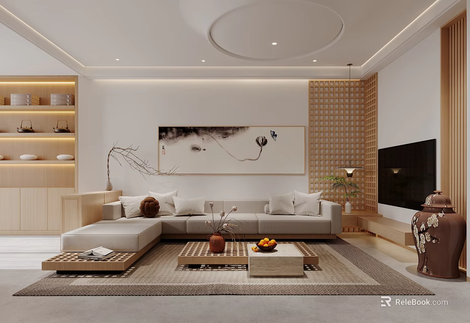 Modern Dining Living Room Interior Design With Wooden Screen Ink Painting Sofa And Coffee Table 3d model 