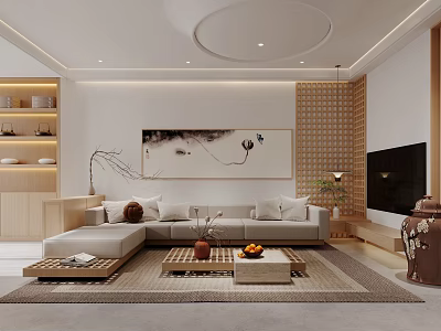 Modern Dining Living Room Interior Design With Wooden Screen Ink Painting Sofa And Coffee Table 3d model