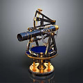 Antique Astronomical Instrument With Intricate Metal Structure Gold Black Accents And Blue Base