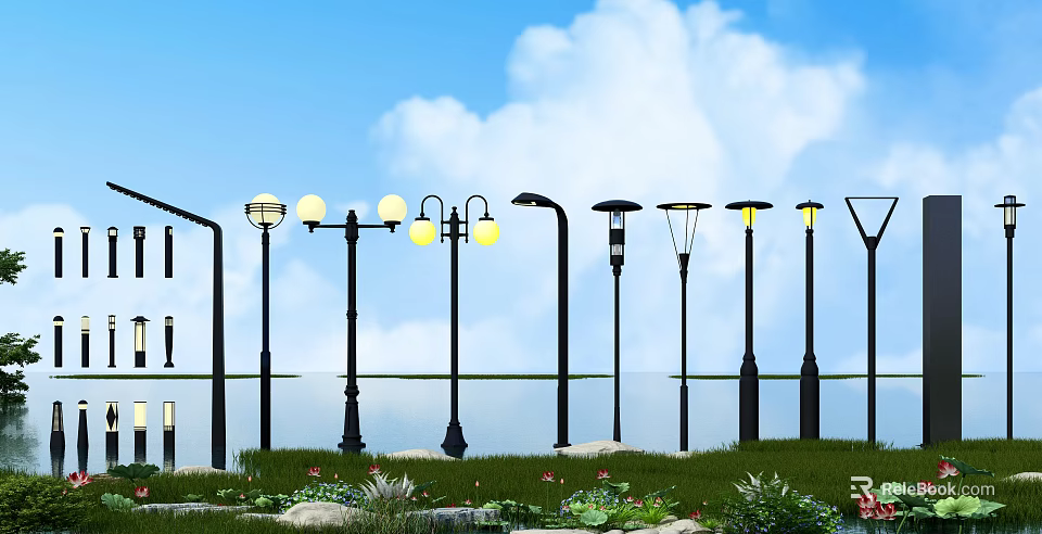 Outdoor Park Lights Various Styles Brightly Illuminated In Garden With Grass Water And Sky 3d model 