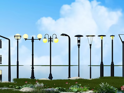 Outdoor Park Lights Various Styles Brightly Illuminated In Garden With Grass Water And Sky 3d model