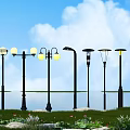 Outdoor Park Lights Various Styles Brightly Illuminated In Garden With Grass Water And Sky