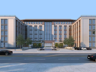Modern Office Building Exterior Design With Large Glass Windows Stone Walls And Surrounding Trees 3d model