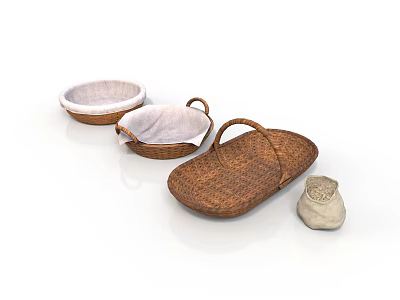 Three Different Handwoven Baskets And Small Cloth Bag As Practical Household Items 3d model