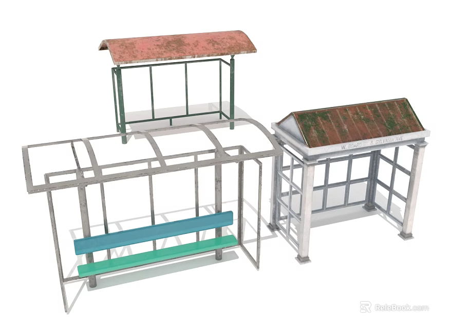 Public Bus Shelter Structures Featuring Rusted Red Green Roofs Blue Green Benches And Transparent Canopies 3d model 