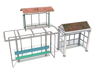 Public Bus Shelter Structures Featuring Rusted Red Green Roofs Blue Green Benches And Transparent Canopies 3d model