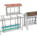 Public Bus Shelter Structures Featuring Rusted Red Green Roofs Blue Green Benches And Transparent Canopies