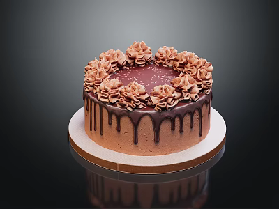 Delicious Chocolate Cake Topped With Flower Shaped Cream Decorations And Chocolate Drizzle On White Tray 3d model