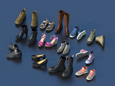 Various Types of Shoes Collection Featuring Boots Sneakers Heels Sandals and Casual Styles 3d model