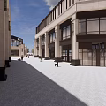 Modern Commercial Street With Classical Columns Large Windows And Pedestrians Walking
