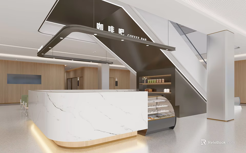Mall Lobby Coffee Bar With Marble Counter And Display Cabinet 3d model 